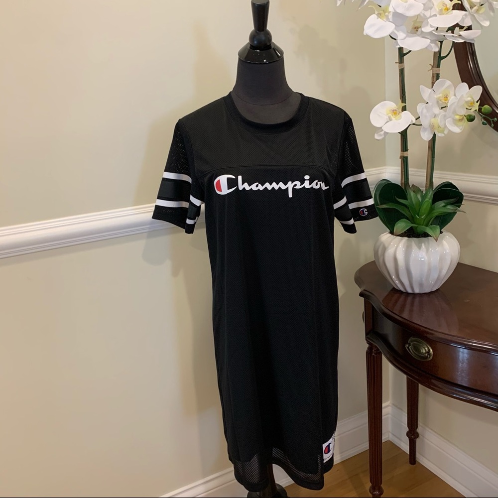 Champion Black Mesh Mini Dress with White Stripe Logo